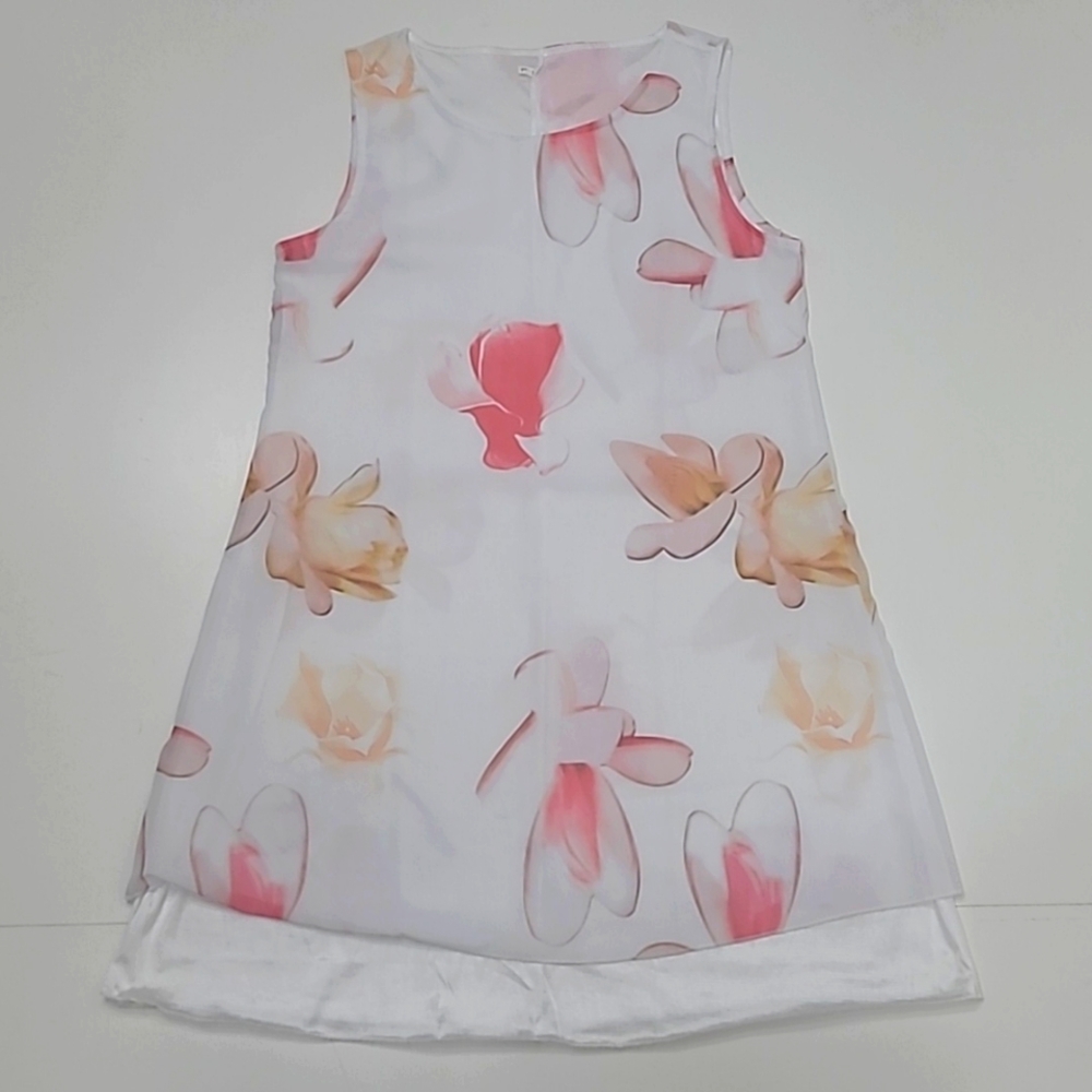 Floral Chiffon Mini Dress Sheer Lined Sleeveless Shift Tunic Boat Neck Flowery - Picture 7 of 17